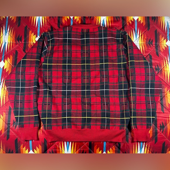 Vintage Grandpa Sweater Mens M Jos A Bank Plaid Red Pure New Wool Crewneck 90s - Picture 5 of 5